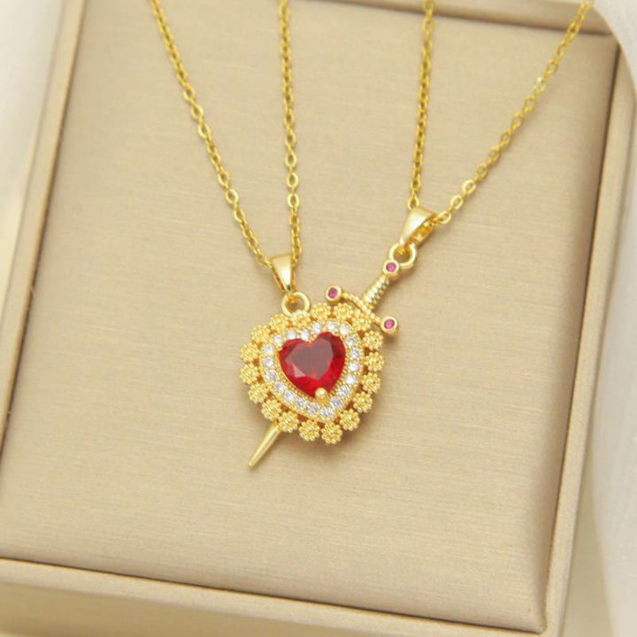 FREE Today: "Fight for your love" Heart Lock Slip Chain Heart Sword Couple Necklace Set - Red Flower Heart & Golden Color - image 12