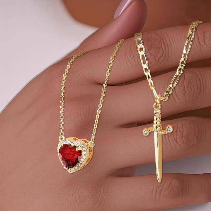 FREE Today: "Fight for your love" Heart Lock Slip Chain Heart Sword Couple Necklace Set - Red Heart & Golden Color - image 5