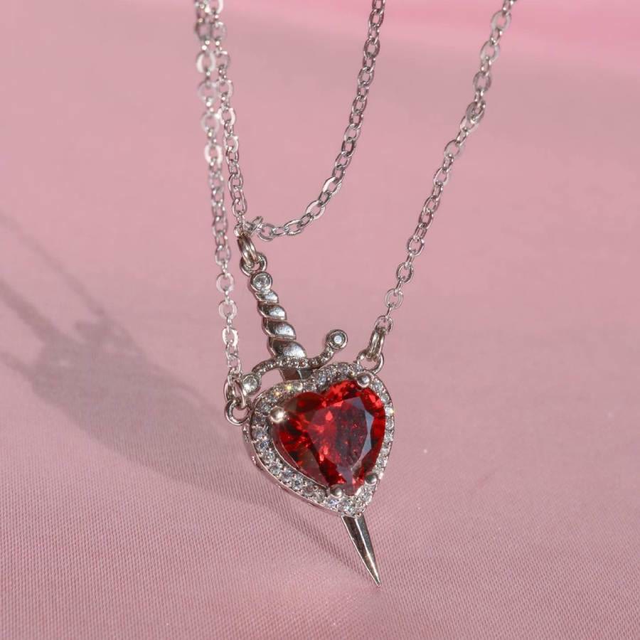 FREE Today: "Fight for your love" Heart Lock Slip Chain Heart Sword Couple Necklace Set - Red Heart & Silver Color - image 0