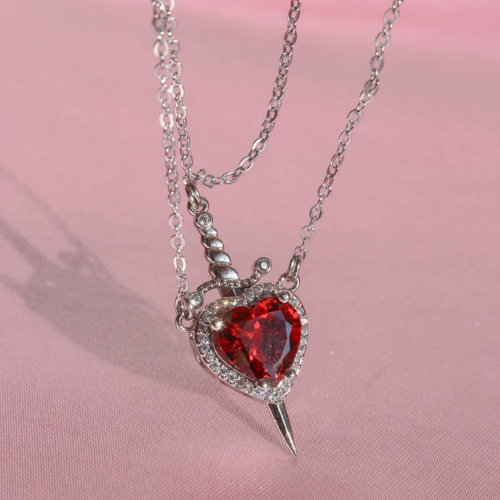 FREE Today: "Fight for your love" Heart Lock Slip Chain Heart Sword Couple Necklace Set - Red Heart & Silver Color - image 0