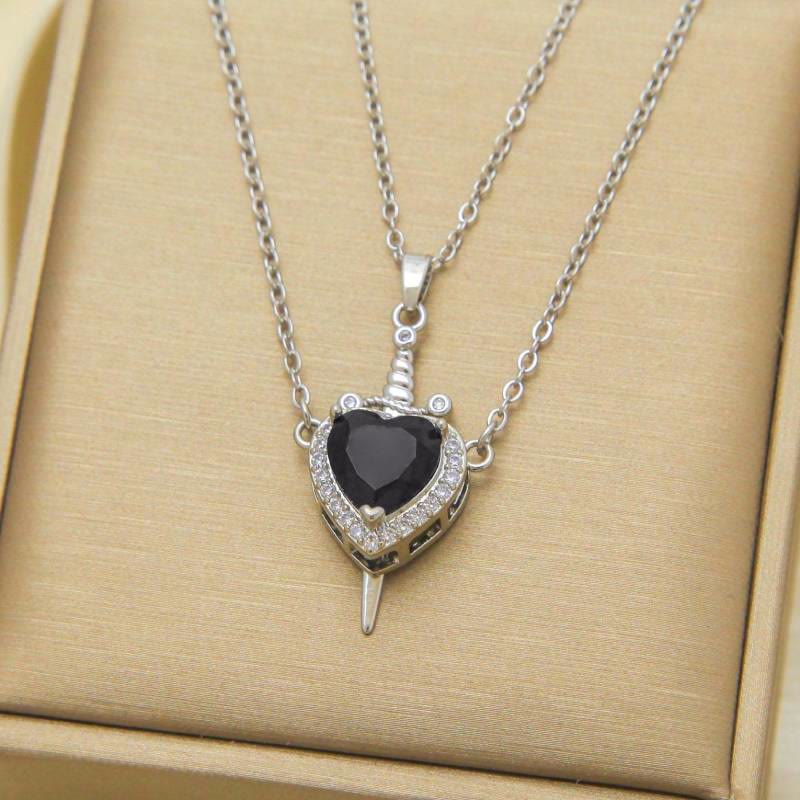 FREE Today: "Fight for your love" Heart Lock Slip Chain Heart Sword Couple Necklace Set - Black Heart & Silver Color - image 9