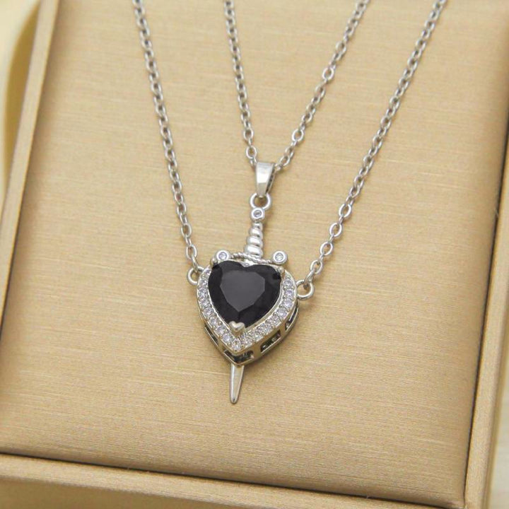 FREE Today: "Fight for your love" Heart Lock Slip Chain Heart Sword Couple Necklace Set - Black Heart & Silver Color - image 9