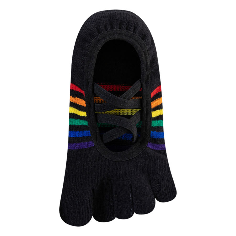 Olivenorma Cross-Strap Backless Five-Toe Rainbow Color-Block Non-Slip Grip Breathable Women's Yoga Socks - Black - 10 Pairs - image 3