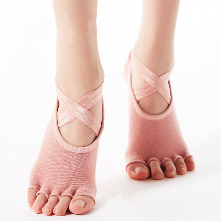 Olivenorma Low-Cut Five-Toe Cross-Strap Breathable Anti-Slip Grip Lightweight Women's Yoga Socks - Pink - 10Pairs - image 5