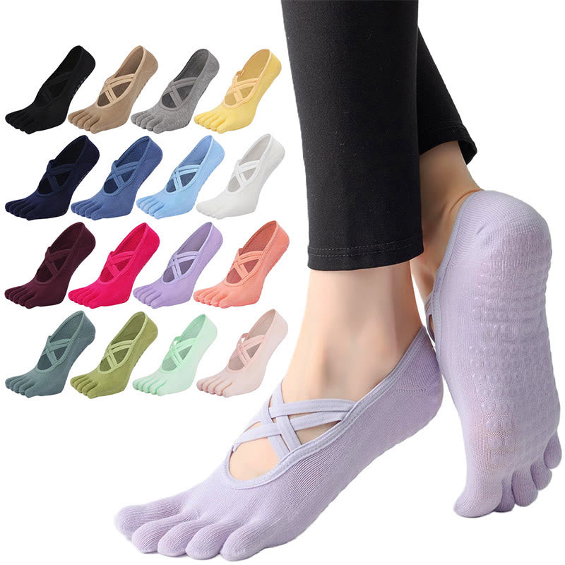 Olivenorma Cross-Strap Five-Toe Cotton Non-Slip Grip Pilates Barre Stability Workout Women's Yoga Socks - Purple - Closed-toe - 10 Pairs - image 0