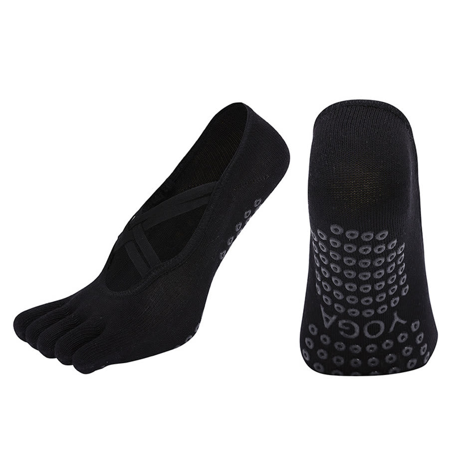 Olivenorma Cross-Strap Five-Toe Cotton Non-Slip Grip Pilates Barre Stability Workout Women's Yoga Socks - Black - Closed-toe - 10 Pairs - image 6