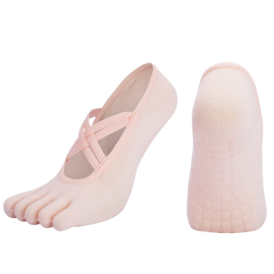 Olivenorma Cross-Strap Five-Toe Cotton Non-Slip Grip Pilates Barre Stability Workout Women's Yoga Socks - Pink - Closed-toe - 10 Pairs - image 11