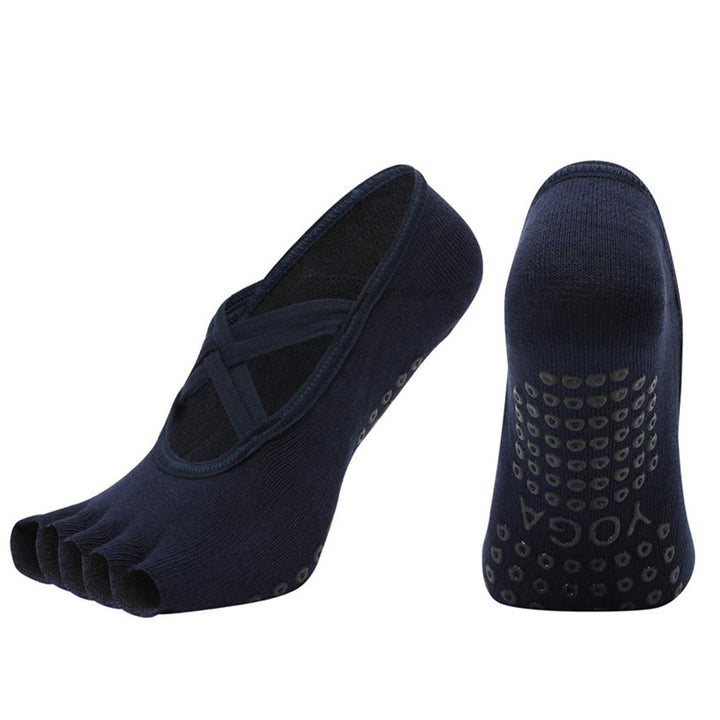 Olivenorma Cross-Strap Five-Toe Cotton Non-Slip Grip Pilates Barre Stability Workout Women's Yoga Socks - Navy Blue - Open-toe - 10 Pairs - image 24