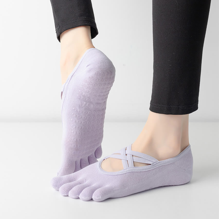 Olivenorma Cross-Strap Five-Toe Cotton Non-Slip Grip Pilates Barre Stability Workout Women's Yoga Socks - image 2