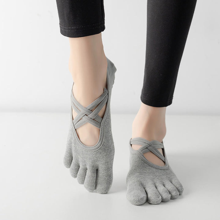 Olivenorma Cross-Strap Five-Toe Cotton Non-Slip Grip Pilates Barre Stability Workout Women's Yoga Socks - image 8