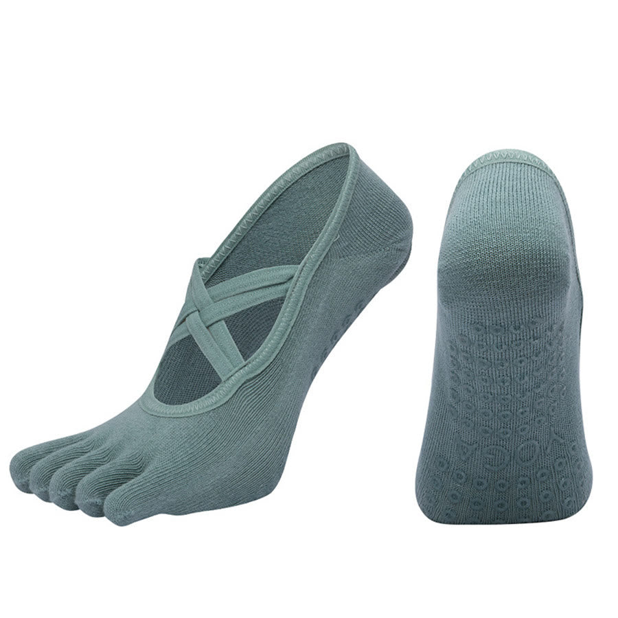 Olivenorma Cross-Strap Five-Toe Cotton Non-Slip Grip Pilates Barre Stability Workout Women's Yoga Socks - Dark Green - Closed-toe - 10 Pairs - image 9