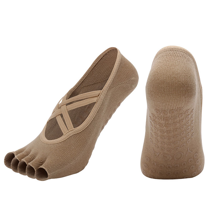 Olivenorma Cross-Strap Five-Toe Cotton Non-Slip Grip Pilates Barre Stability Workout Women's Yoga Socks - Khaki - Open-toe - 10 Pairs - image 28