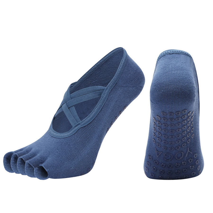Olivenorma Cross-Strap Five-Toe Cotton Non-Slip Grip Pilates Barre Stability Workout Women's Yoga Socks - Blue - Open-toe - 10 Pairs - image 30