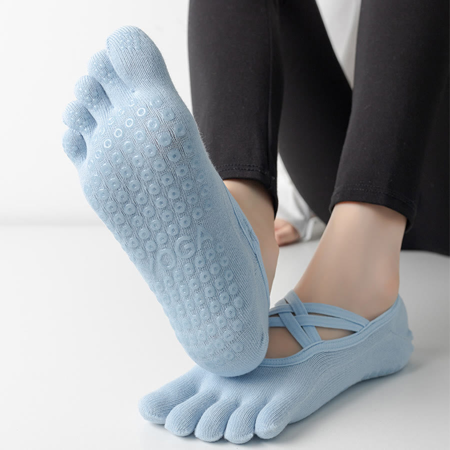 Olivenorma Cross-Strap Five-Toe Cotton Non-Slip Grip Pilates Barre Stability Workout Women's Yoga Socks - image 4