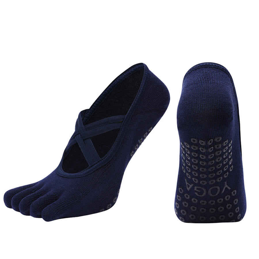 Olivenorma Cross-Strap Five-Toe Cotton Non-Slip Grip Pilates Barre Stability Workout Women's Yoga Socks - Navy Blue - Closed-toe - 10 Pairs - image 12