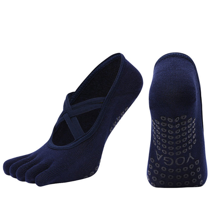 Olivenorma Cross-Strap Five-Toe Cotton Non-Slip Grip Pilates Barre Stability Workout Women's Yoga Socks - Navy Blue - Closed-toe - 10 Pairs - image 12