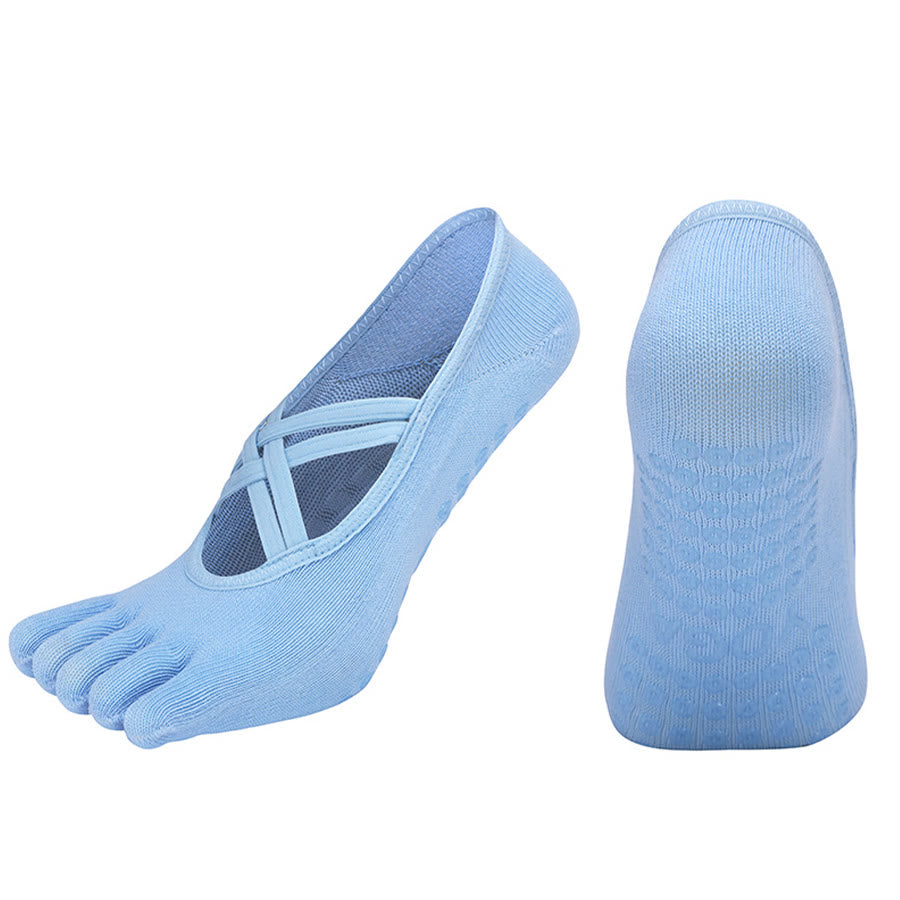Olivenorma Cross-Strap Five-Toe Cotton Non-Slip Grip Pilates Barre Stability Workout Women's Yoga Socks - Light Blue - Closed-toe - 10 Pairs - image 3
