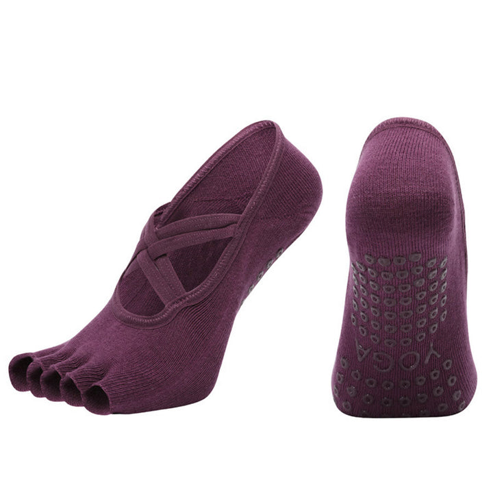 Olivenorma Cross-Strap Five-Toe Cotton Non-Slip Grip Pilates Barre Stability Workout Women's Yoga Socks - Deep Purple - Open-toe - 10 Pairs - image 29