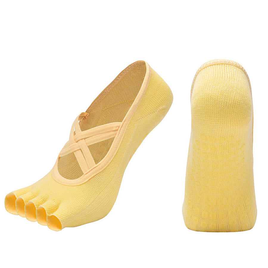 Olivenorma Cross-Strap Five-Toe Cotton Non-Slip Grip Pilates Barre Stability Workout Women's Yoga Socks - Yellow - Open-toe - 10 Pairs - image 33