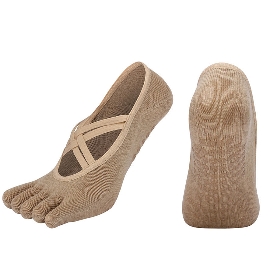 Olivenorma Cross-Strap Five-Toe Cotton Non-Slip Grip Pilates Barre Stability Workout Women's Yoga Socks - Khaki - Closed-toe - 10 Pairs - image 19