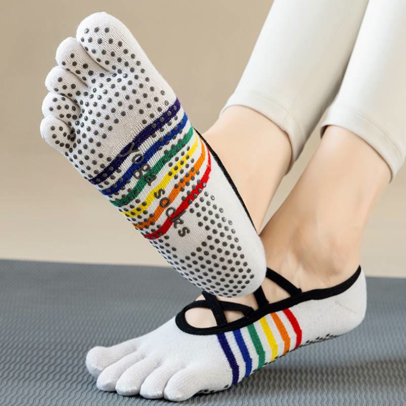 Olivenorma Cross-Strap Backless Five-Toe Rainbow Color-Block Non-Slip Grip Breathable Women's Yoga Socks - White - 10 Pairs - image 0