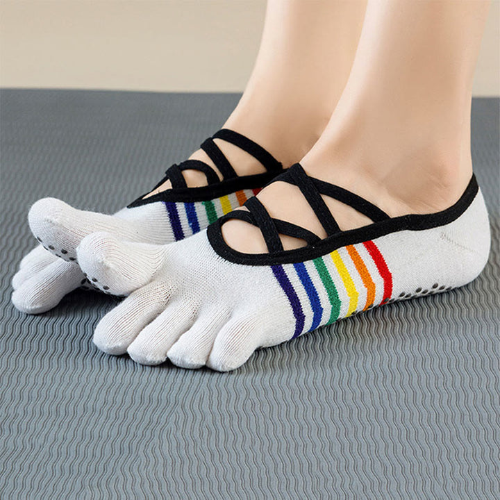 Olivenorma Cross-Strap Backless Five-Toe Rainbow Color-Block Non-Slip Grip Breathable Women's Yoga Socks - image 2