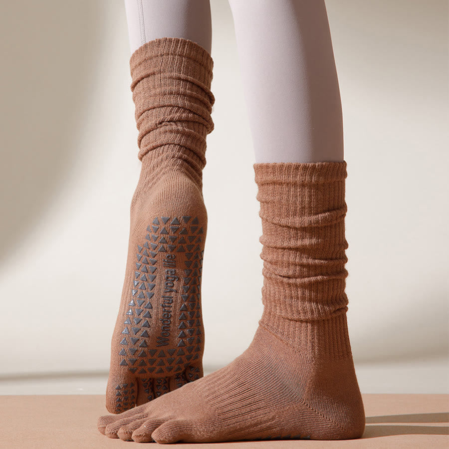 Olivenorma Mid-Calf Five-Toe Breathable Cotton Anti-Slip Grip Hygienic Comfort Women's Yoga Socks - Light Coffee - 10 Pairs - image 0