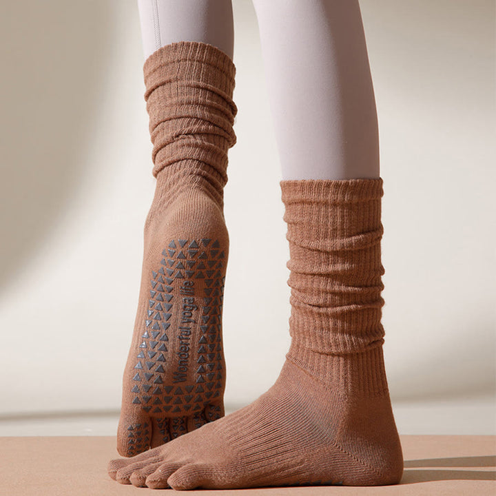 Olivenorma Mid-Calf Five-Toe Breathable Cotton Anti-Slip Grip Hygienic Comfort Women's Yoga Socks - Light Coffee - 10 Pairs - image 0