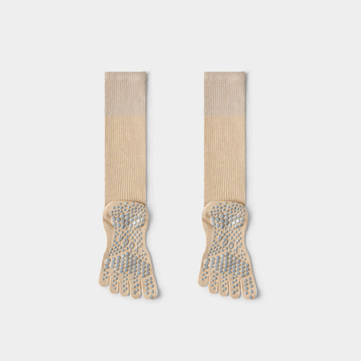 Olivenorma Long Compression Five-Toe Cotton Grip Socks Supportive Breathable Pilates Barre Women's Yoga Socks - Khaki - 10 Pairs - image 7