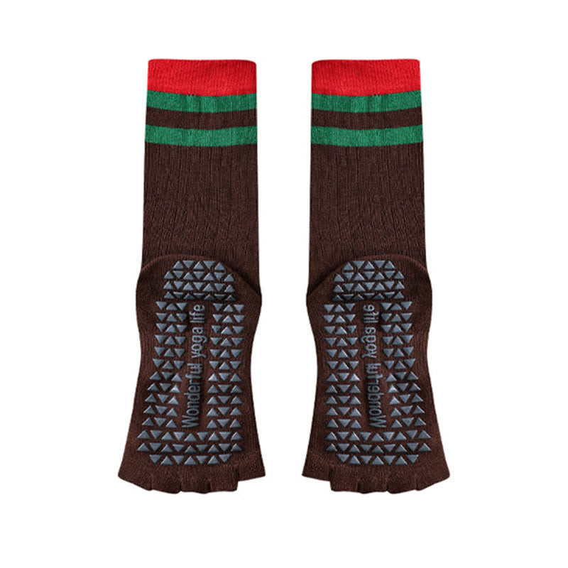 Olivenorma Mid-Calf Five-Toe Contrast Trim Anti-Slip Breathable Cotton Workout Women's Yoga Socks - Brown - 10 Pairs - image 13