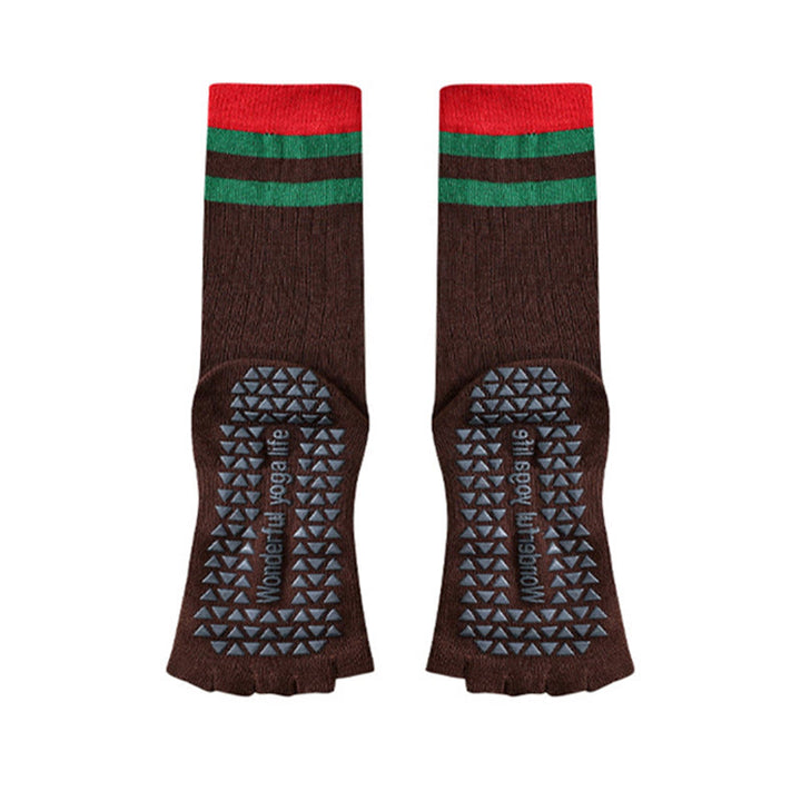 Olivenorma Mid-Calf Five-Toe Contrast Trim Anti-Slip Breathable Cotton Workout Women's Yoga Socks - Brown - 10 Pairs - image 13