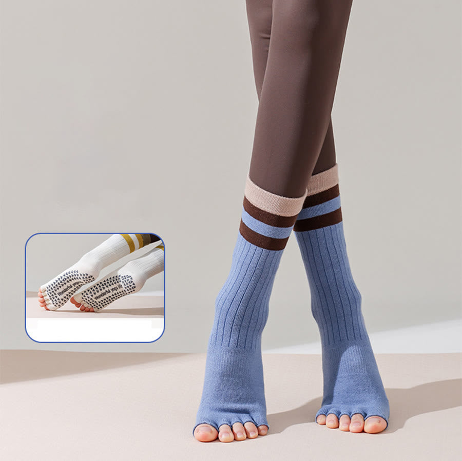 Olivenorma Mid-Calf Five-Toe Contrast Trim Anti-Slip Breathable Cotton Workout Women's Yoga Socks - Blue - 10 Pairs - image 0
