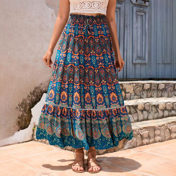Olivenorma Bohemian Paisley Print High Waist Tiered Maxi Women's Dress - Peacock Blue - XL - image 0
