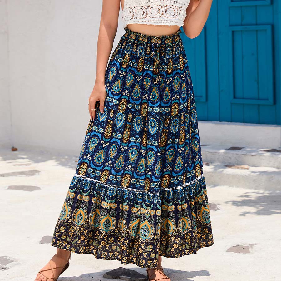 Olivenorma Bohemian Paisley Print High Waist Tiered Maxi Women's Dress - Navy Blue - XL - image 8