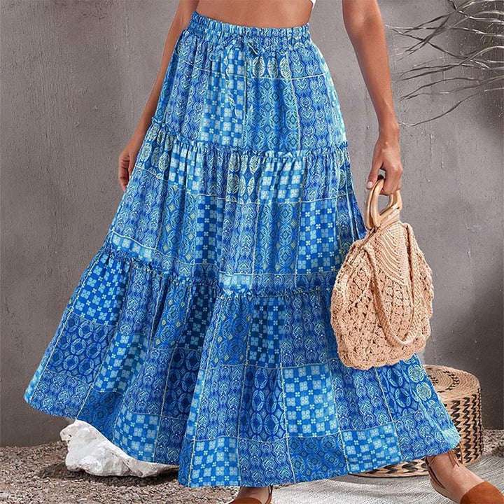 Olivenorma Bohemian Patchwork Print High Waist Tiered Maxi Women's Dress - Blue - 5XL - image 3