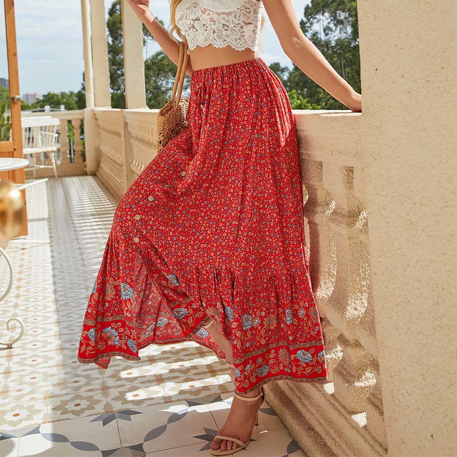 Olivenorma Bohemian Floral Print High Waist Drawstring Button Tiered Maxi Women's Dress - image 16