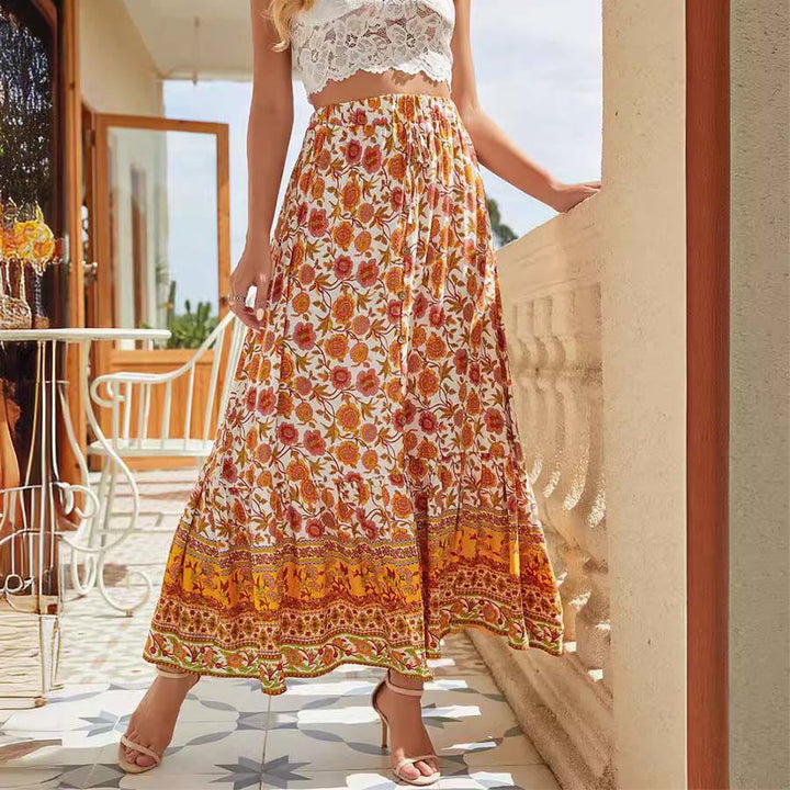 Olivenorma Bohemian Floral Print High Waist Drawstring Button Tiered Maxi Women's Dress - image 9
