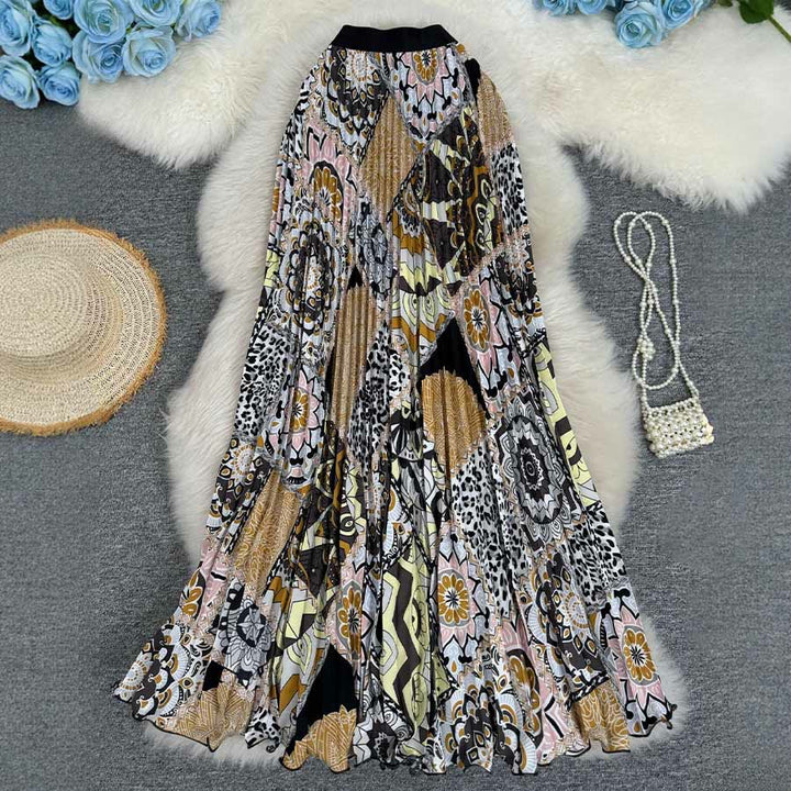 Olivenorma Bohemian Patchwork Print High Waist Pleated Maxi Women's Dress - Grey-Black - image 11