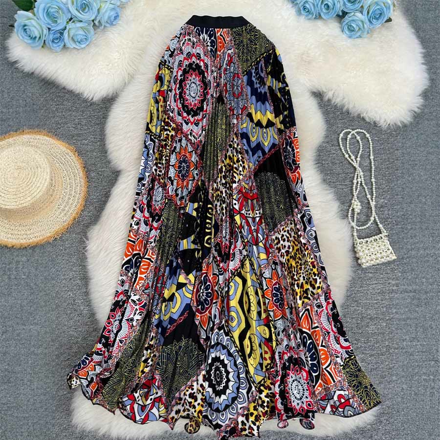 Olivenorma Bohemian Patchwork Print High Waist Pleated Maxi Women's Dress - Black - image 12