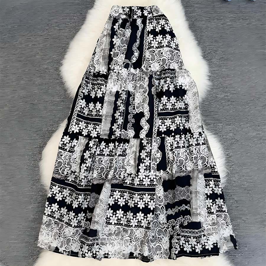 Olivenorma Boho Patchwork High Waist Maxi Women's Dress - Black-White - image 20
