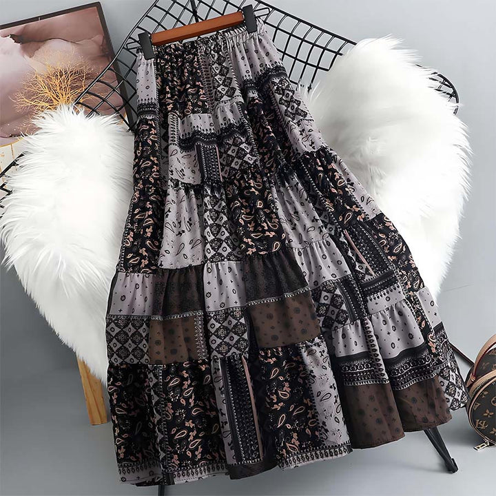 Olivenorma Bohemian Paisley Patchwork Print High Waist Tiered Maxi Women's Dress - Gray - image 12