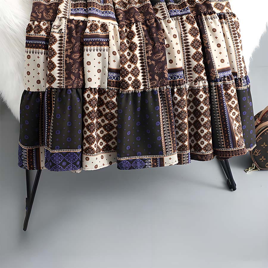 Olivenorma Bohemian Paisley Patchwork Print High Waist Tiered Maxi Women's Dress - image 9