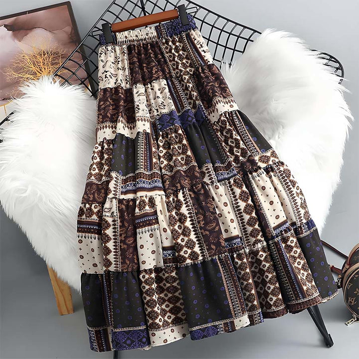 Olivenorma Bohemian Paisley Patchwork Print High Waist Tiered Maxi Women's Dress - Khaki - image 8
