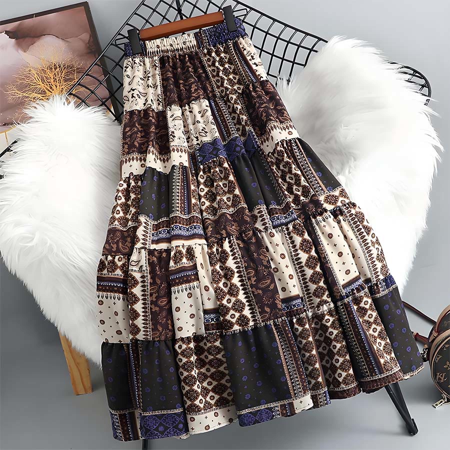 Olivenorma Bohemian Paisley Patchwork Print High Waist Tiered Maxi Women's Dress - Khaki - image 8