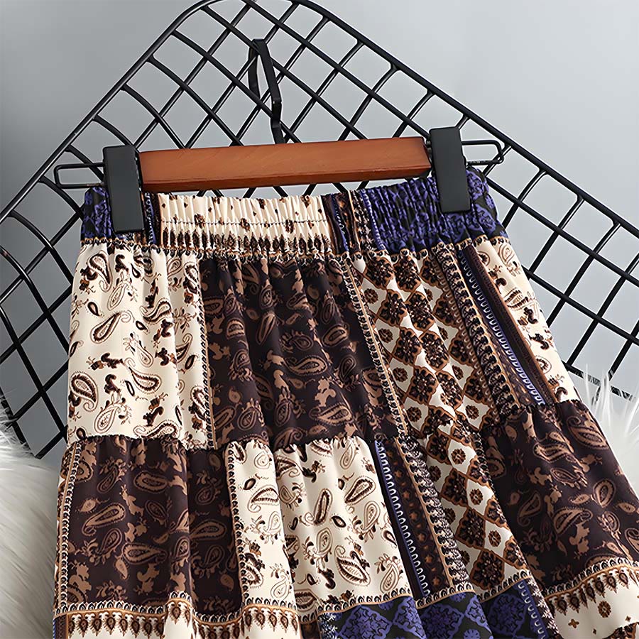 Olivenorma Bohemian Paisley Patchwork Print High Waist Tiered Maxi Women's Dress - image 10