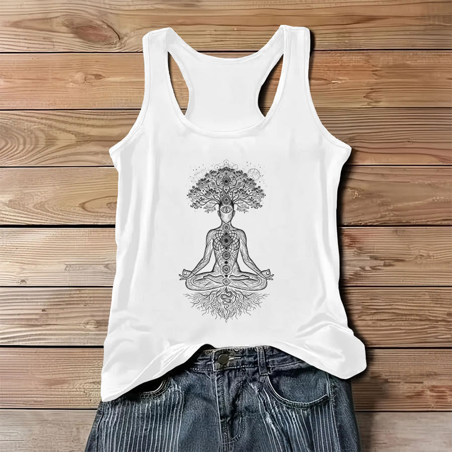 Olivenorma Chakra Tree Of Life Graphic Print Slogan Women's Tank - White - 3XL - image 3