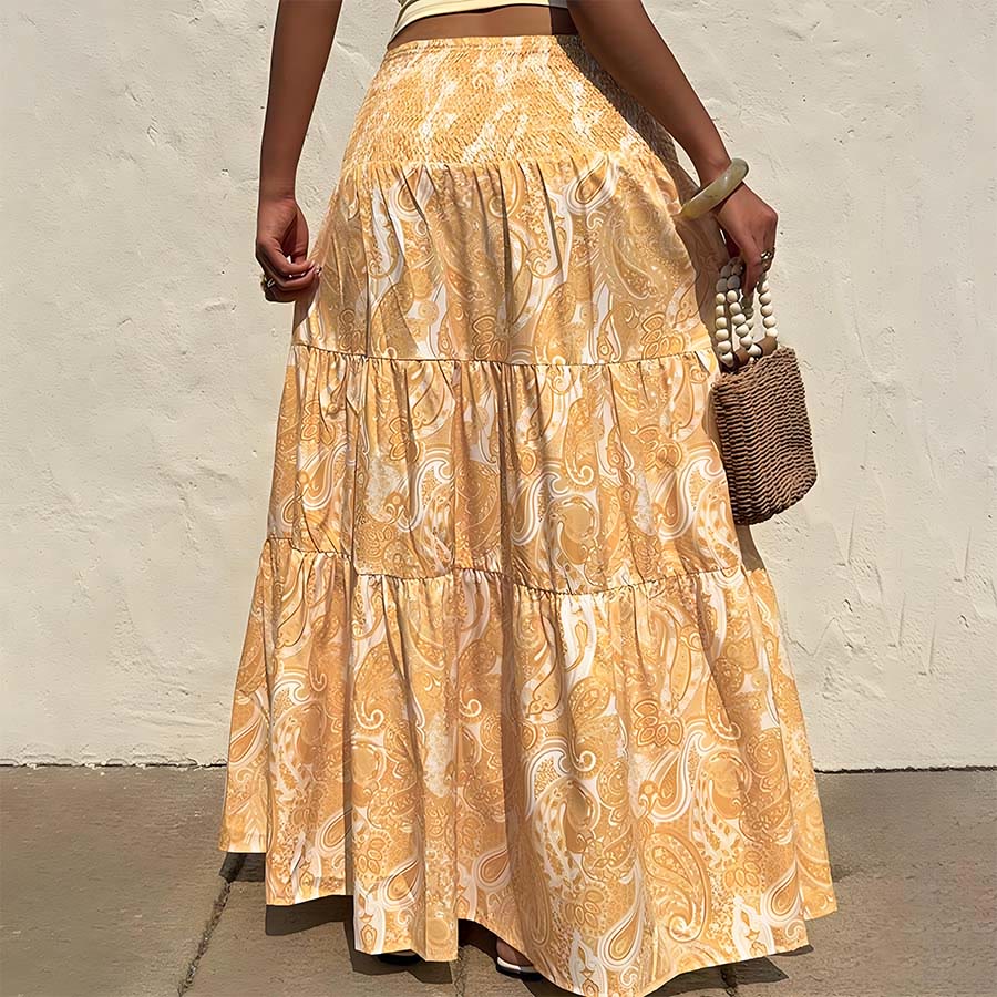 Olivenorma Bohemian Paisley Print High Waist Smocked Tiered Maxi Women's Dress - Yellow - XL - image 17