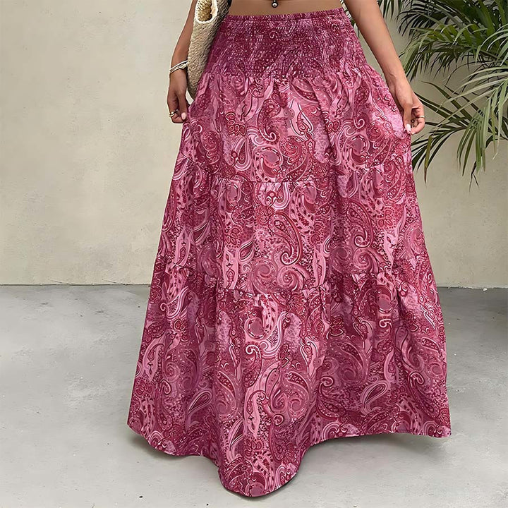 Olivenorma Bohemian Paisley Print High Waist Smocked Tiered Maxi Women's Dress - Rose Red - XL - image 26