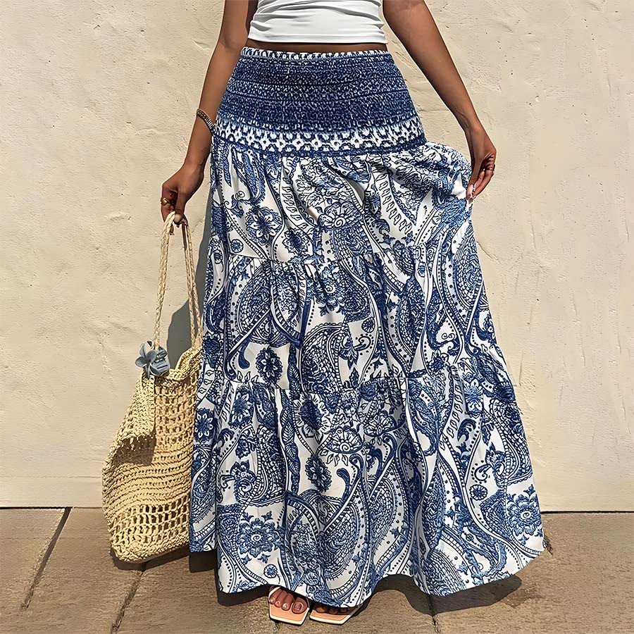 Olivenorma Bohemian Paisley Print High Waist Smocked Tiered Maxi Women's Dress - Blue & White - XXL - image 0