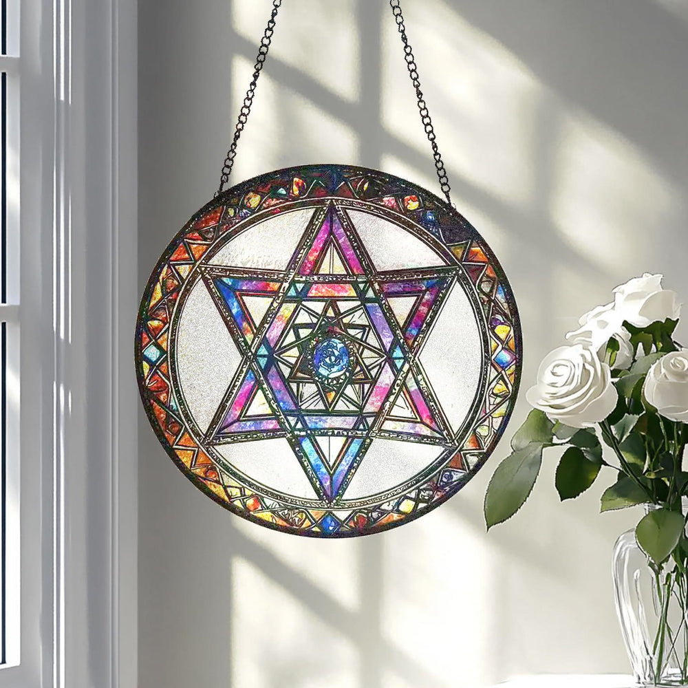 Olivenorma Mystical Hexagram Star Of David Sacred Geometry Stained Glass Sun Catcher - image 1